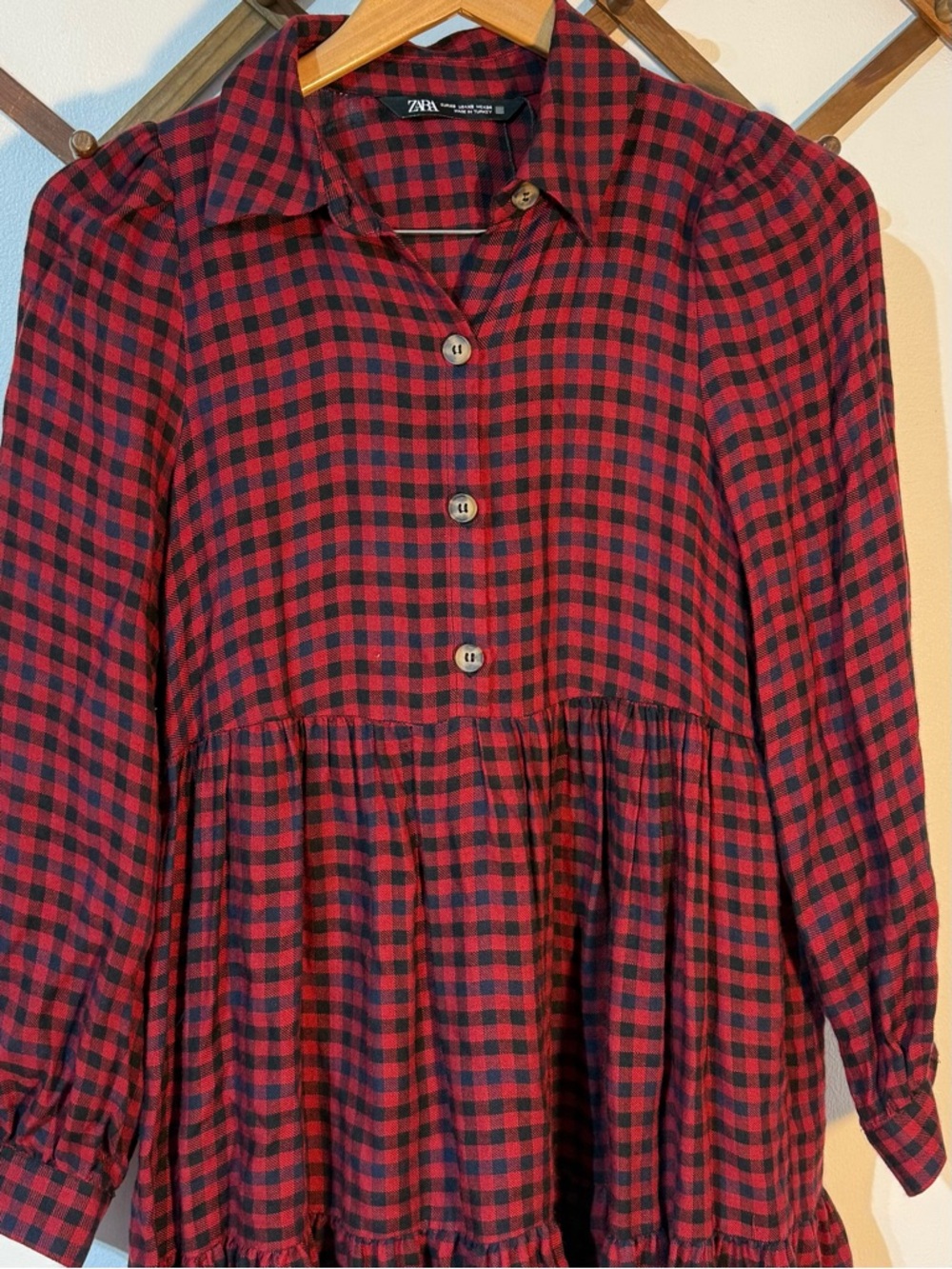 Zara Buffalo plaid red/black checkered baby doll tiered long sleeve minidress XS - Picture 5 of 7